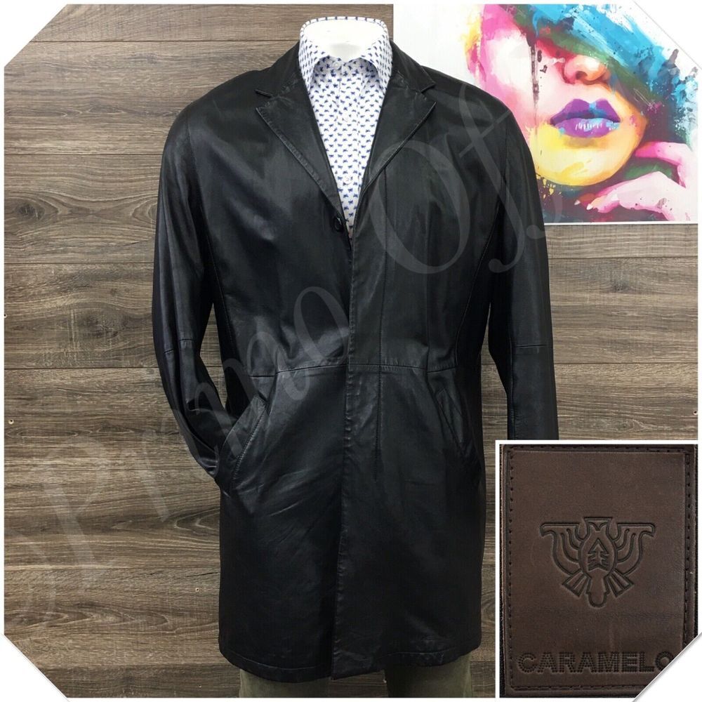 CARAMELO Mens Leather Overcoat Long Coat Jacket Size‎ 44L Sport Casual (FLAWS)